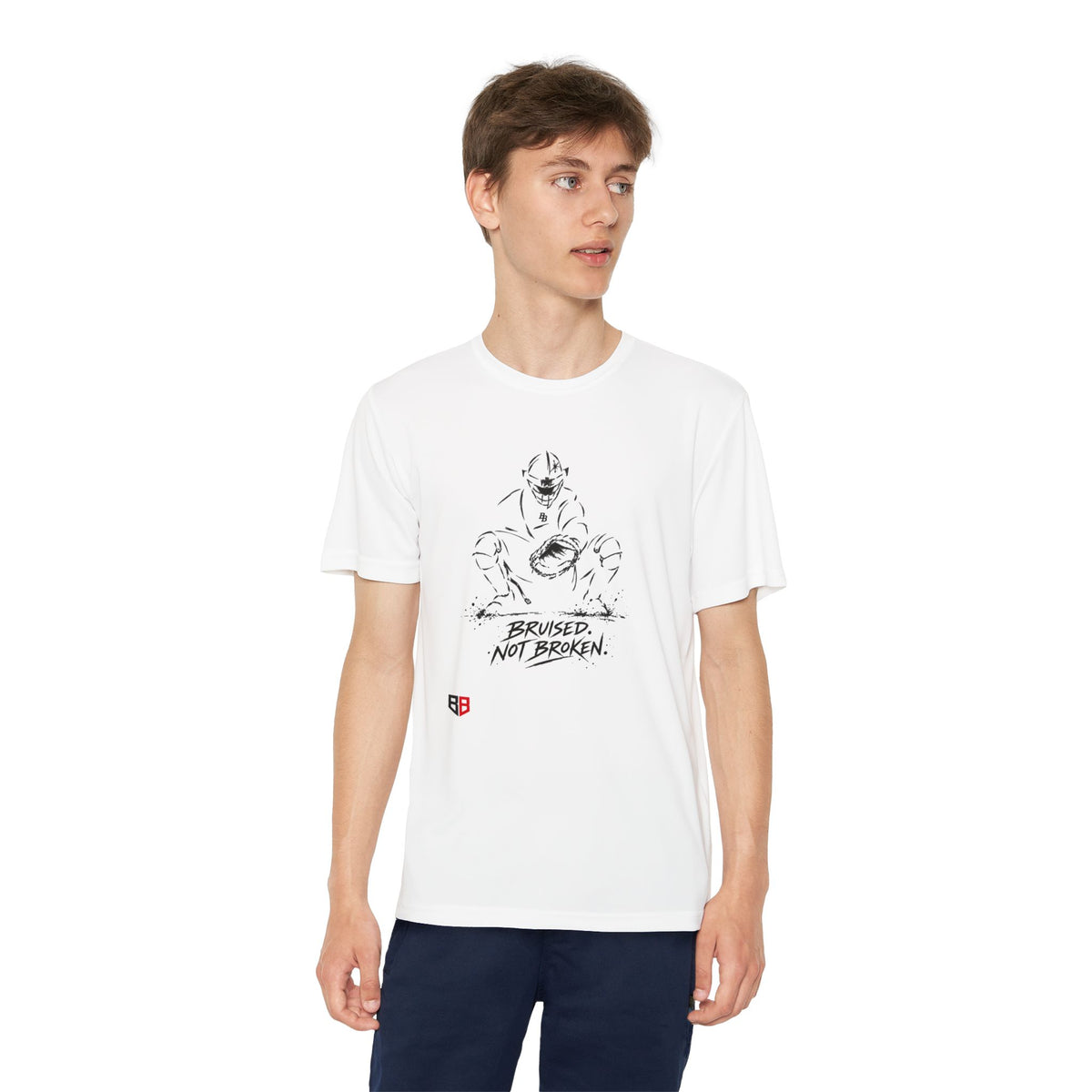 Youth Catcher Tee — 'Bruised Not Broken' Catcher Sports Shirt